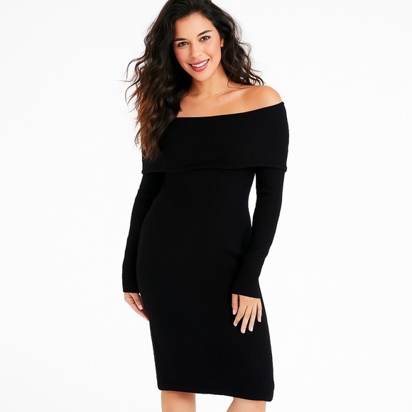Nicole Miller Dresses & Skirts - Nicole Miller Black Off-Shoulder Holiday Party Sweater Dress M Modal+Wool Blend